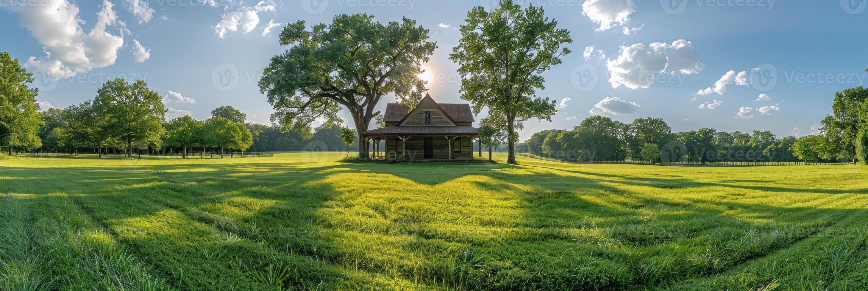 A house stands alone in the center of a vast grassy field under a clear sky photo