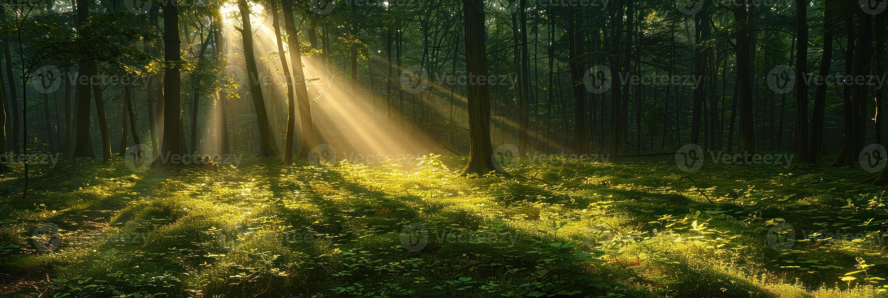 Sunlight filters through dense forest trees photo