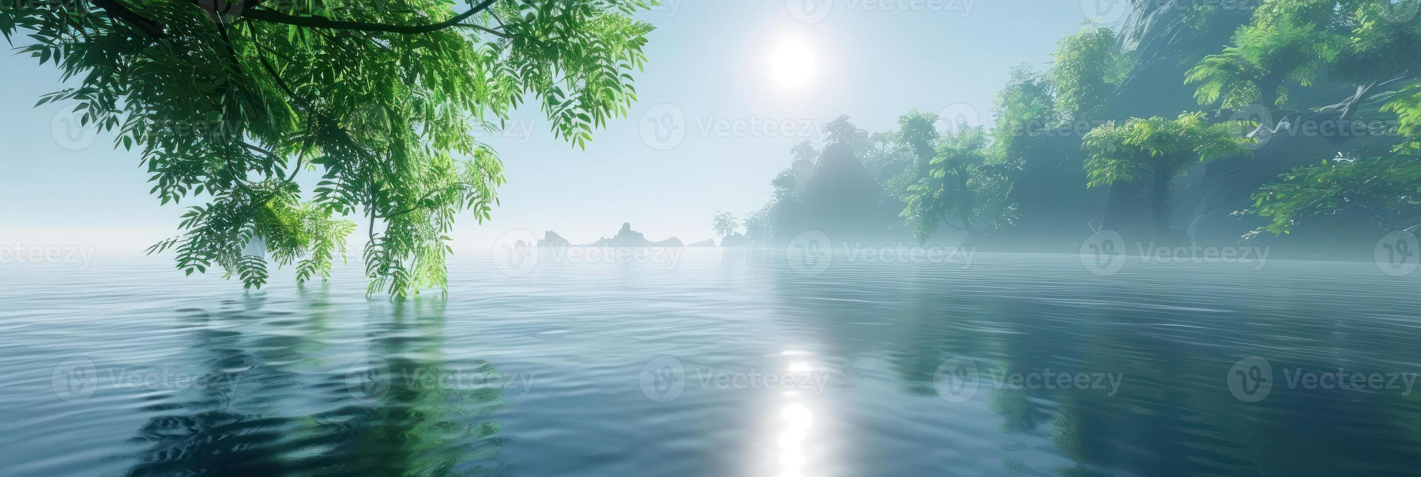 un pintura demostración un lago anidado entre un denso bosque de alto arboles foto