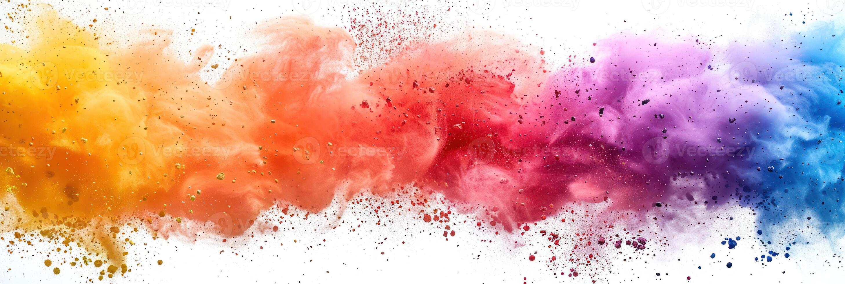 Rainbow colored powder cloud against a white backdrop photo