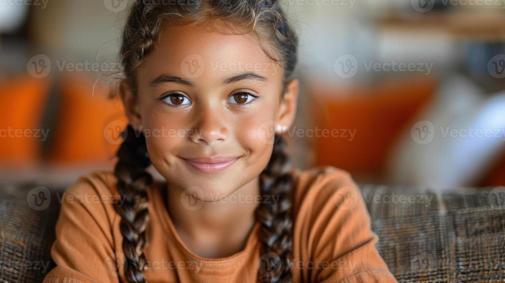 A young girl with braided hair sitting comfortably on a couch photo