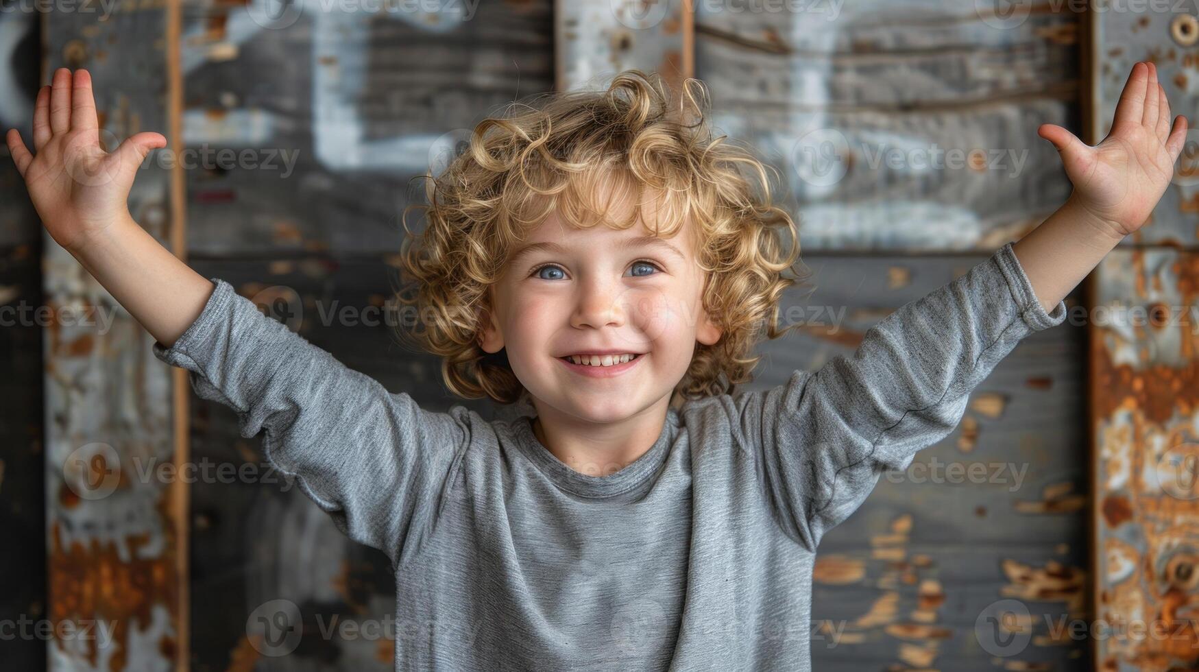 A young boy stands with his hands in the air photo