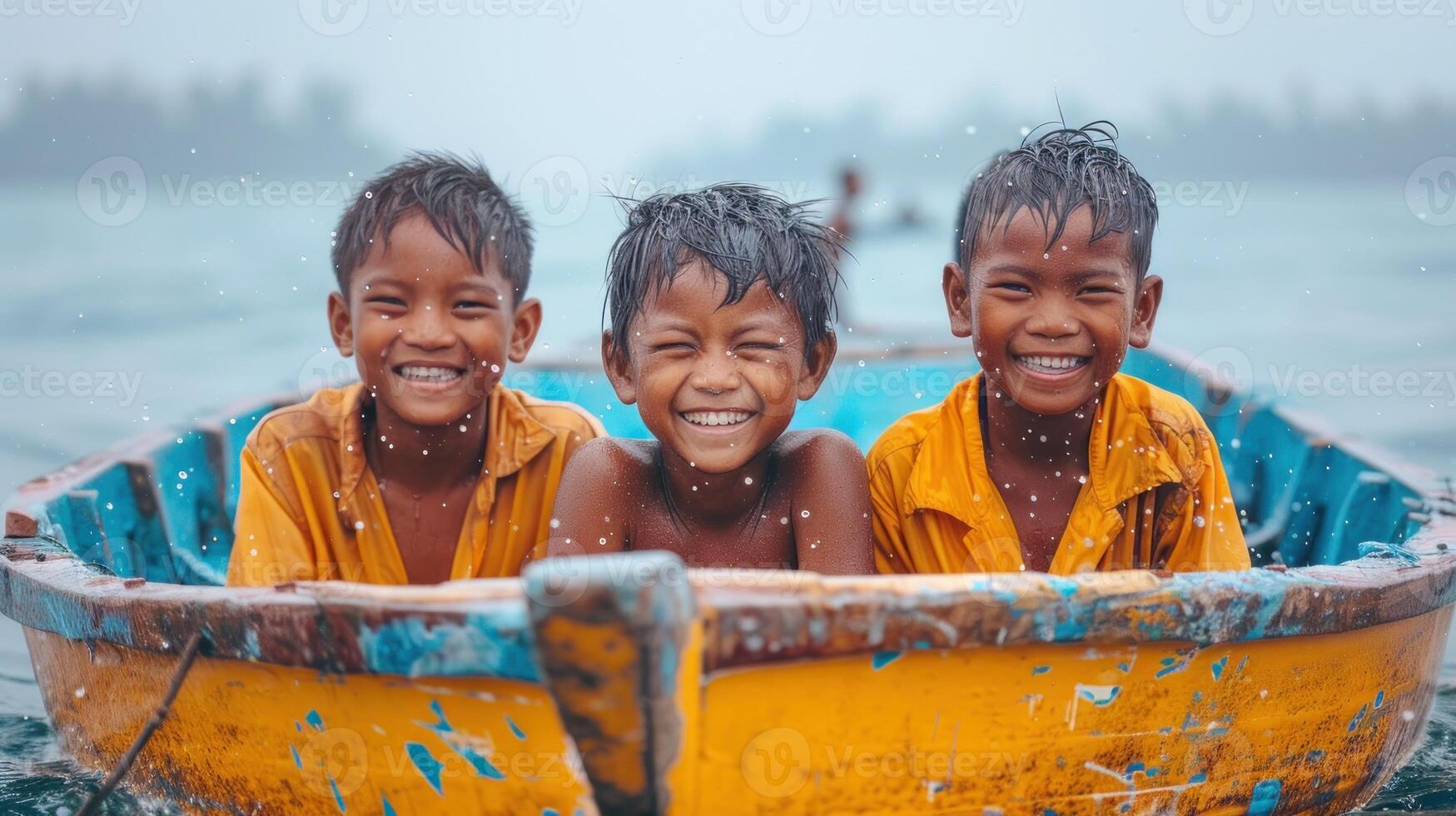 Two boys are sailing in a yellow boat on the water photo