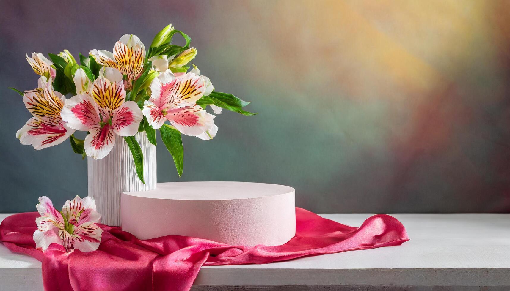 empty withe podium on silk cloth with alstromeria flowers photo