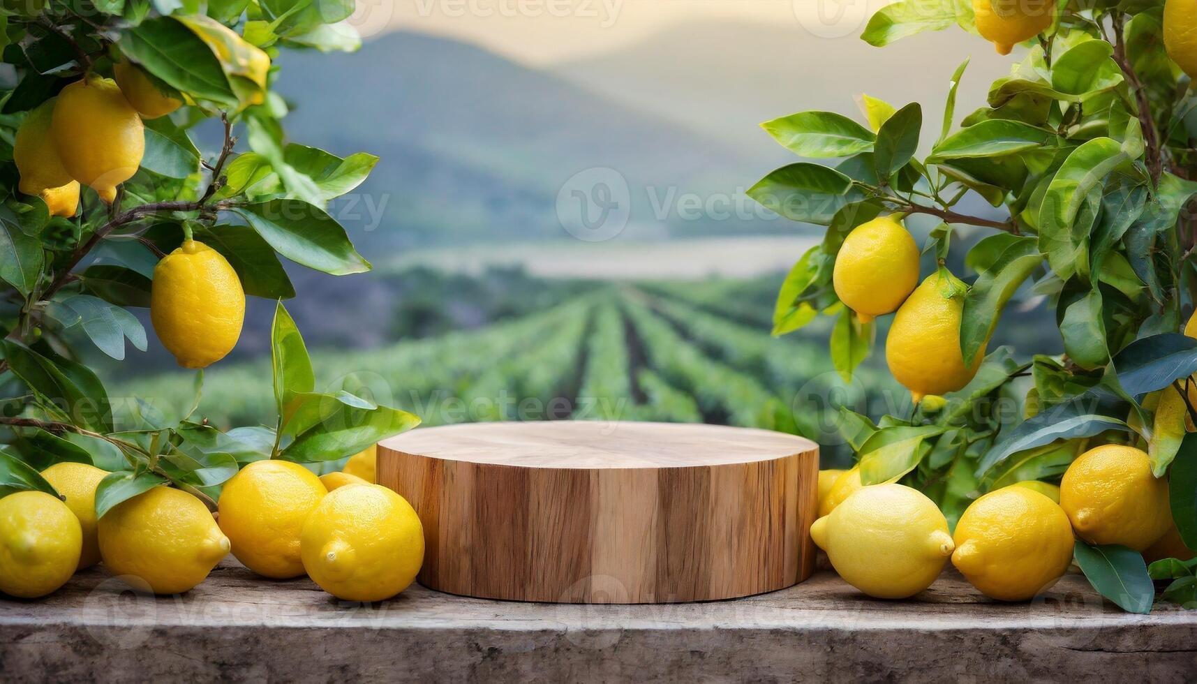 empty wood podium surrounded by lemon fruit and plant with lemon farm background photo