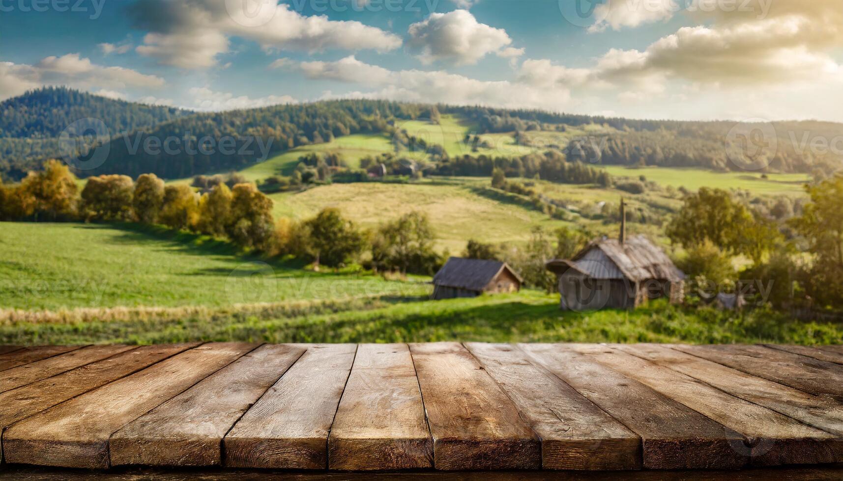 an empty wood table top with countryside landscape background photo