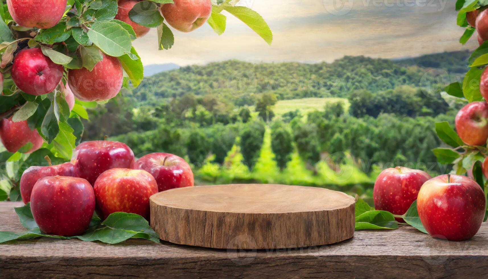 empty wood podium surrounded by red apple fruit and plant with apple farm background photo