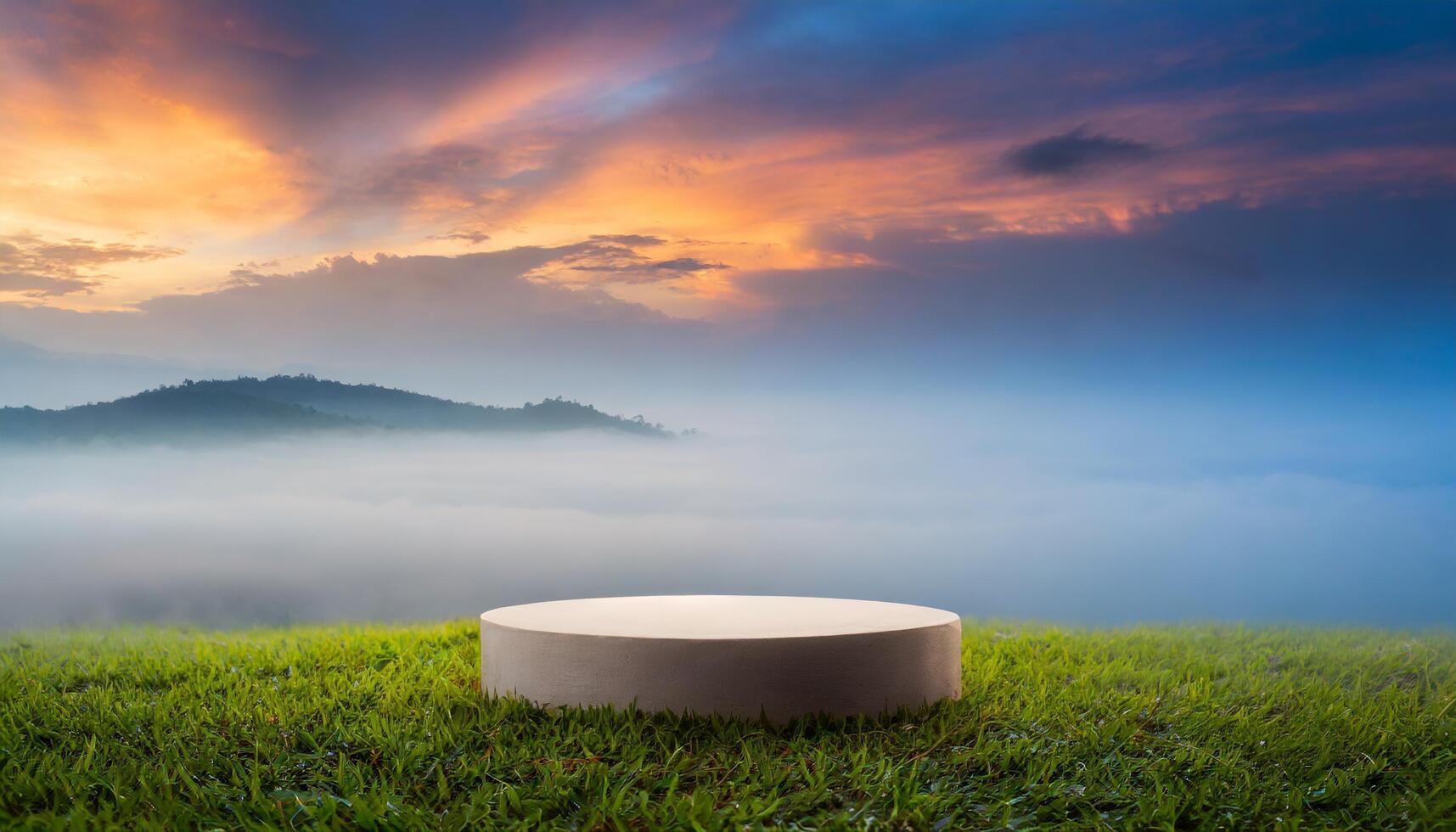 empty white podium on grass field with foggy mountain landscape view at dawn photo