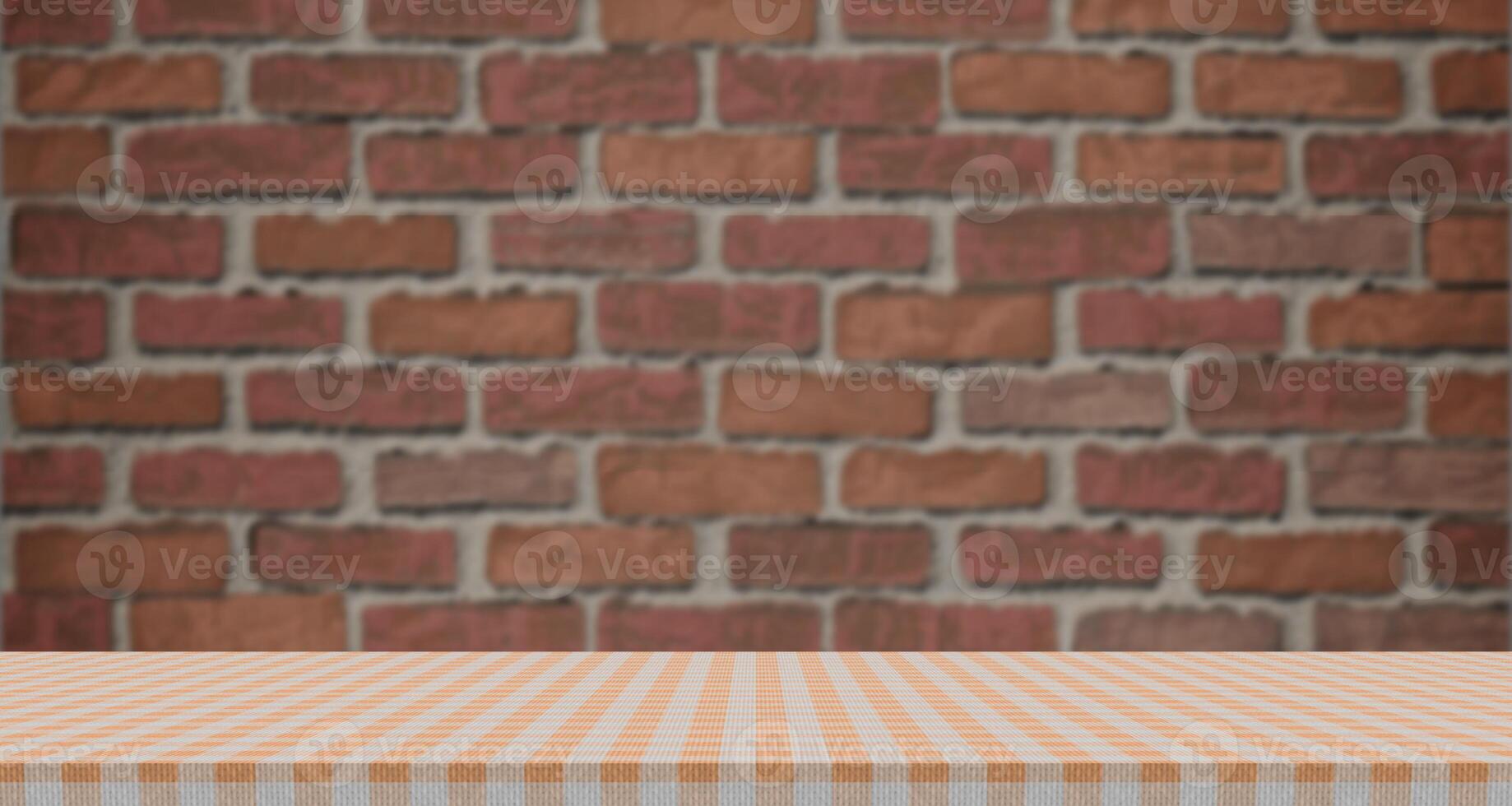 empty gingham pattern tabletop with red wall bricks background, blank countertop for product montage advertising photo