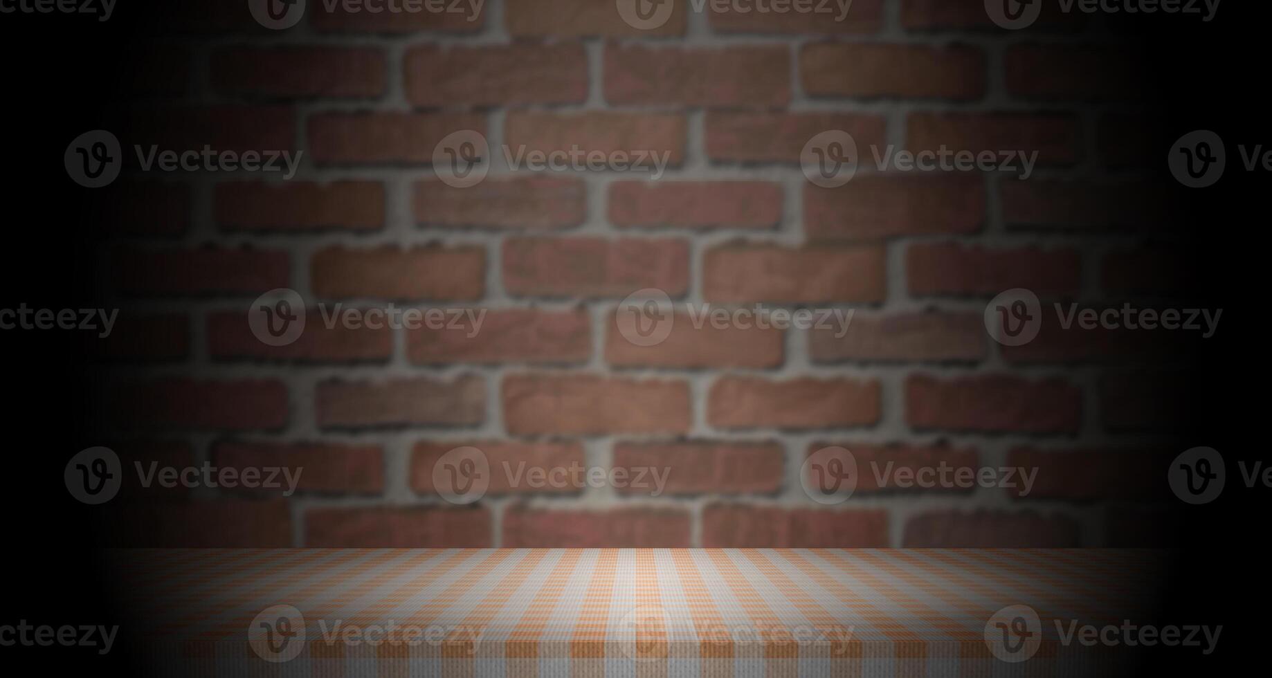 empty gingham pattern tabletop with red wall bricks background, blank countertop for product montage advertising photo