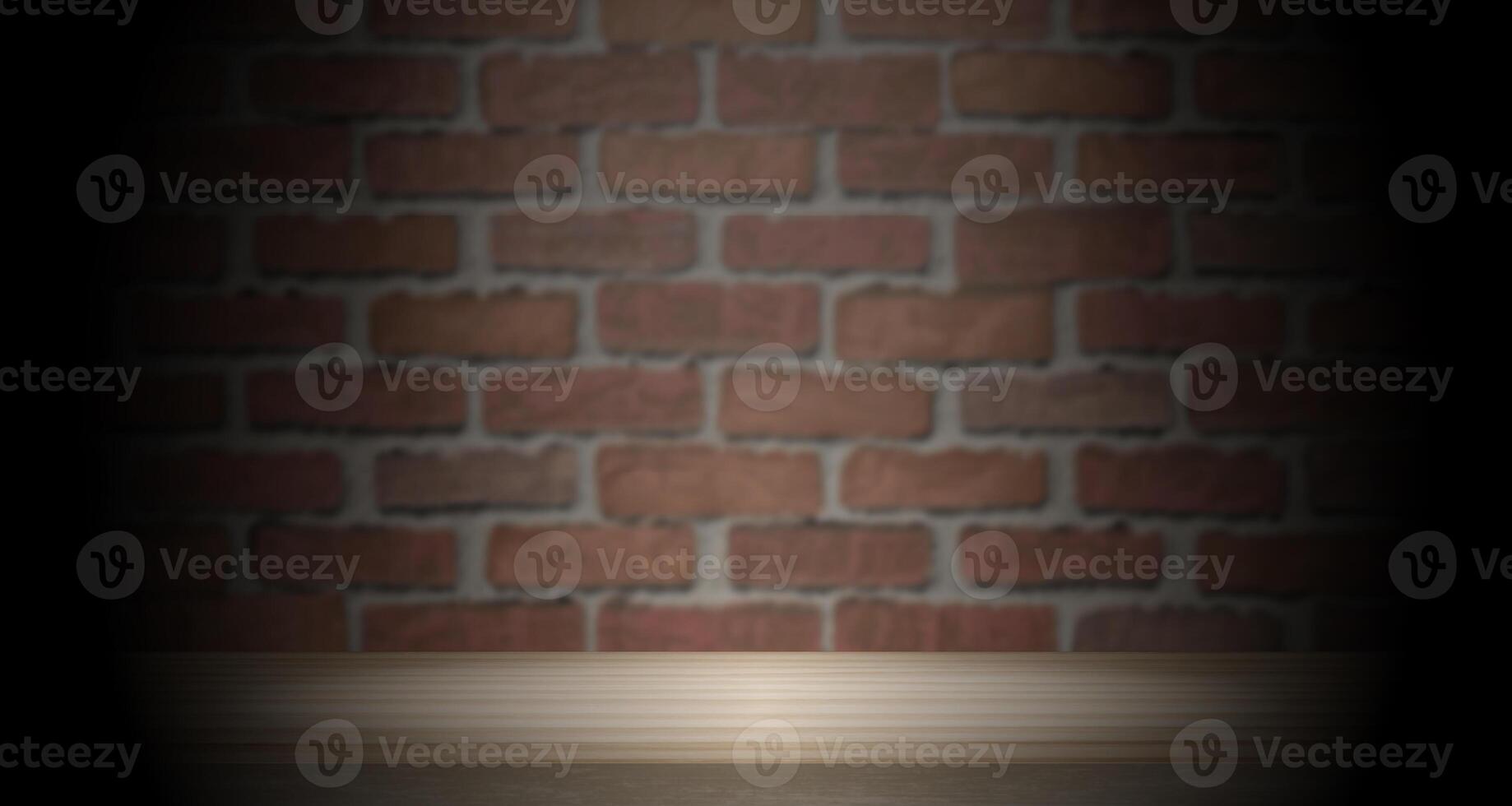 empty wood tabletop with red wall bricks background, blank countertop for product montage advertising photo