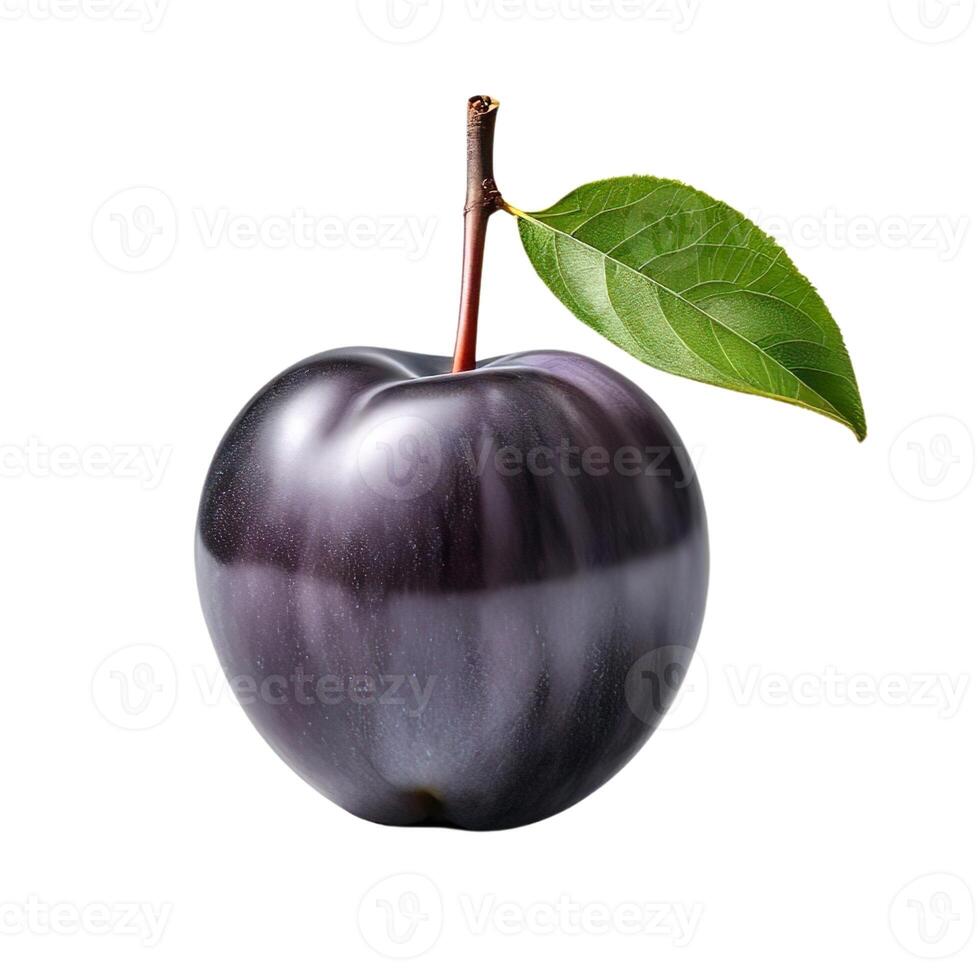 Fresh plum fruits. Whole ripe purple plum fruit with green leaf isolated. Healthy diet. Vegetarian food photo