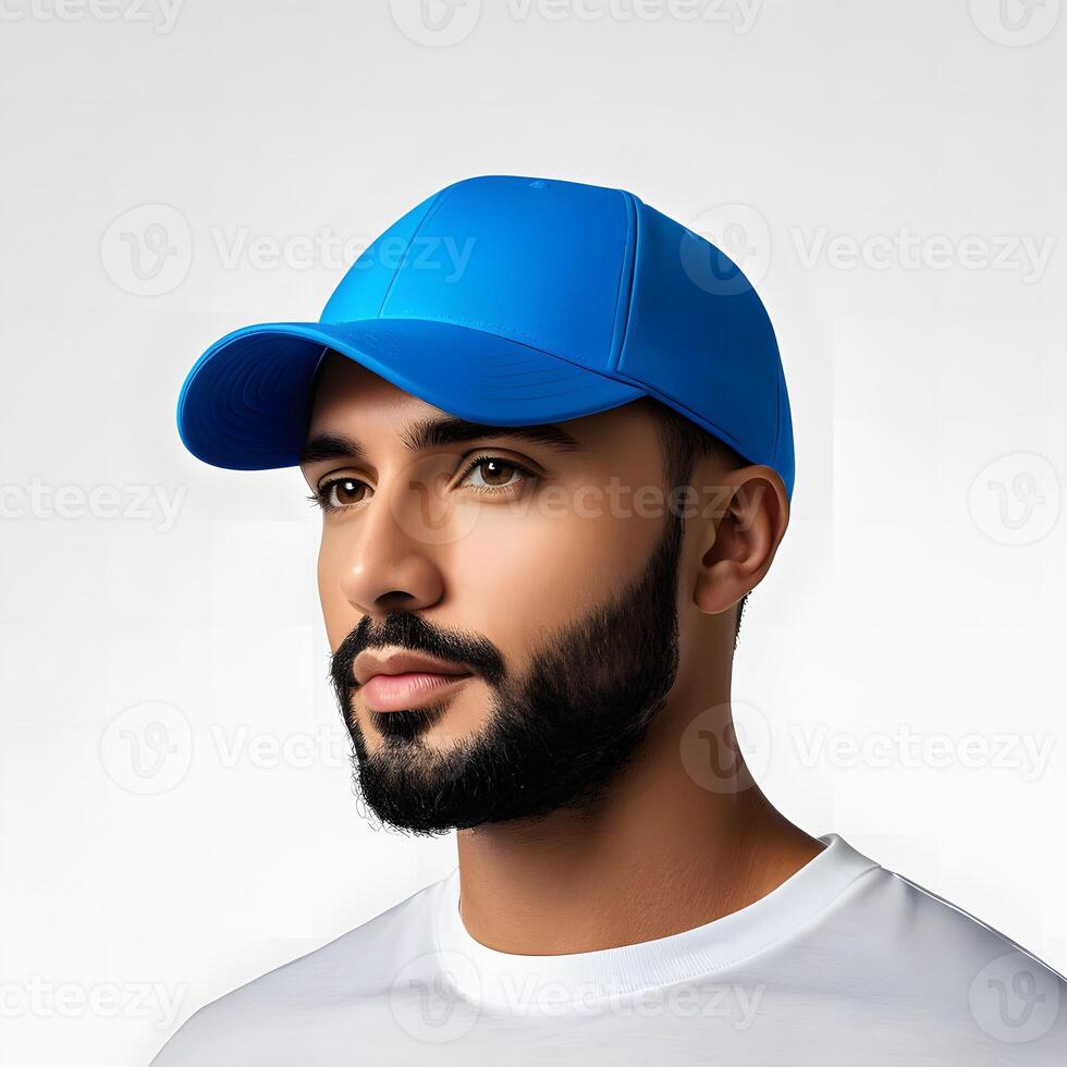 Young man with a beard wearing a blue cap and white T-shirt photo