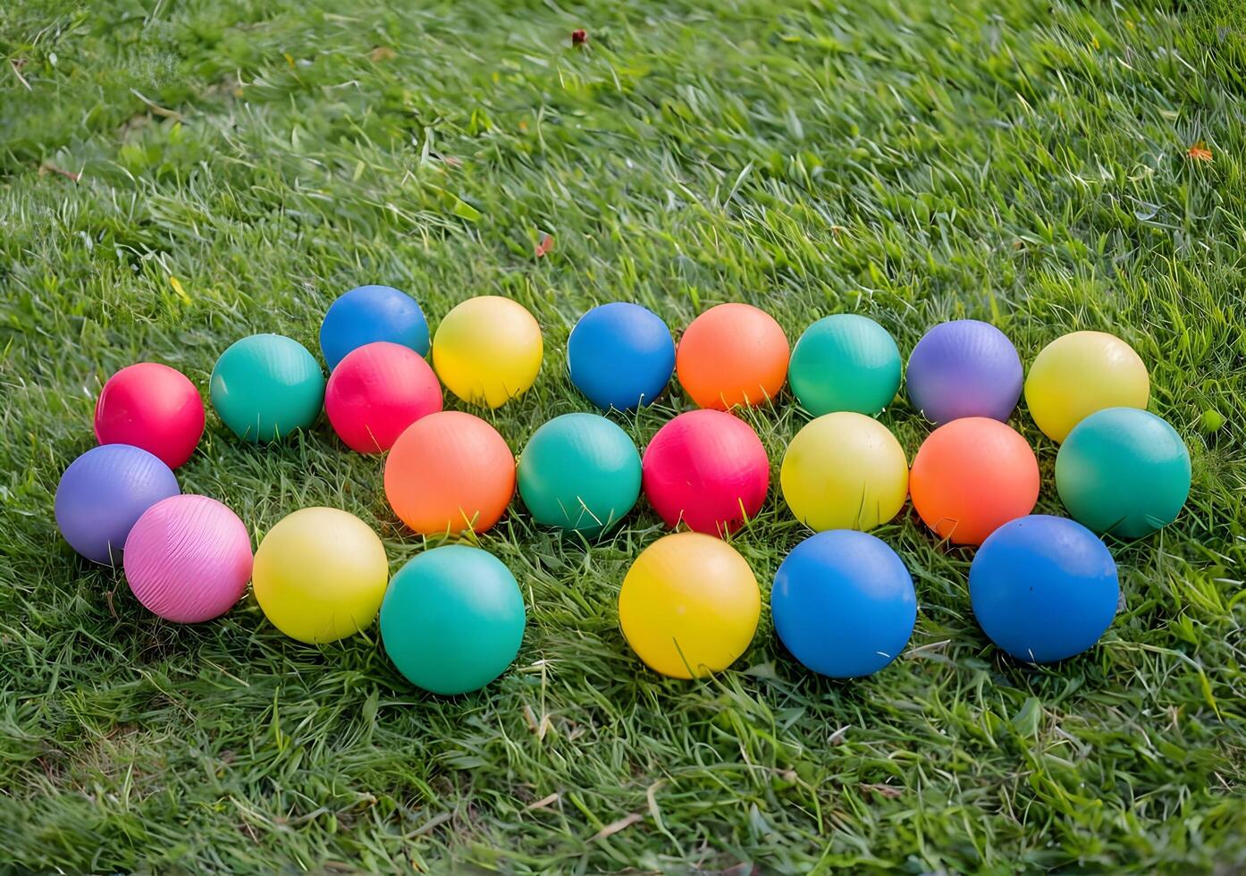 Many multi-colored balls are laid out on green grass. Soft daylight. photo