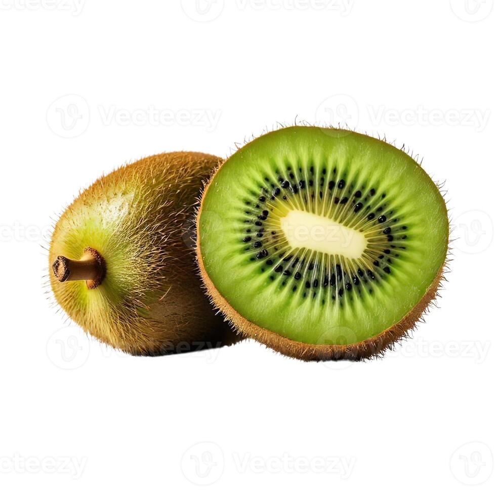 Fresco kiwi fruta. todo Fruta y dos mitades de maduro kiwi aislado. sano dieta. vegetariano comida foto