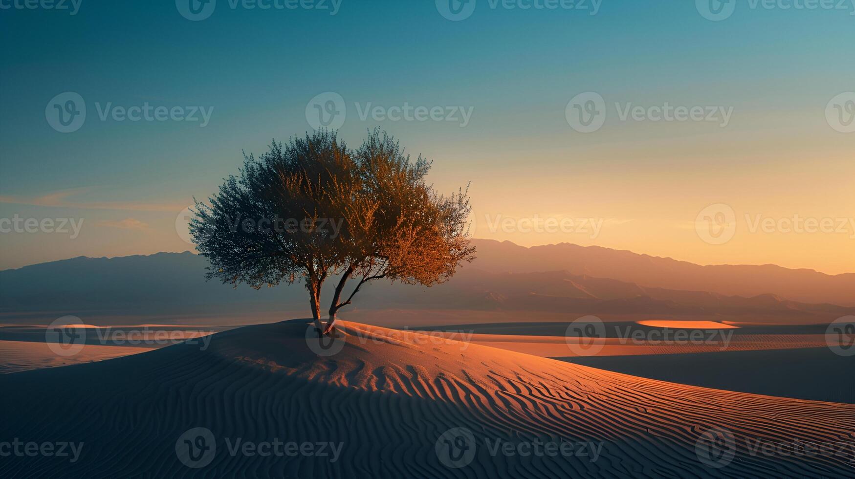 Minimalist photograph capturing the serene beauty of a solitary tree against a vast desert landscape at sunset photo