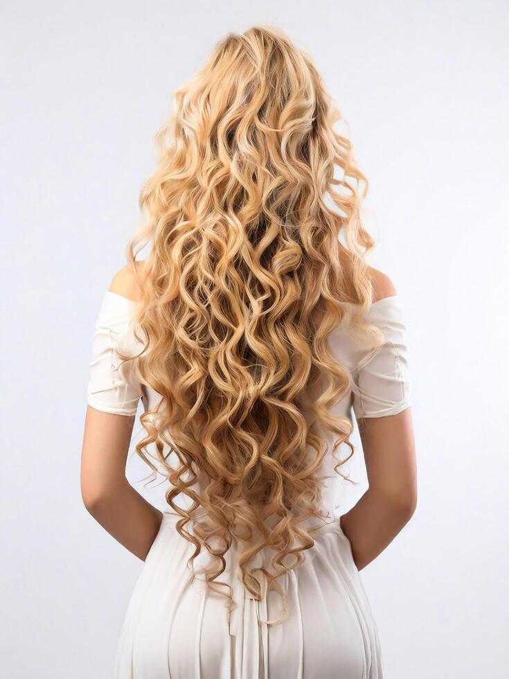 Female back with long curly blonde photo