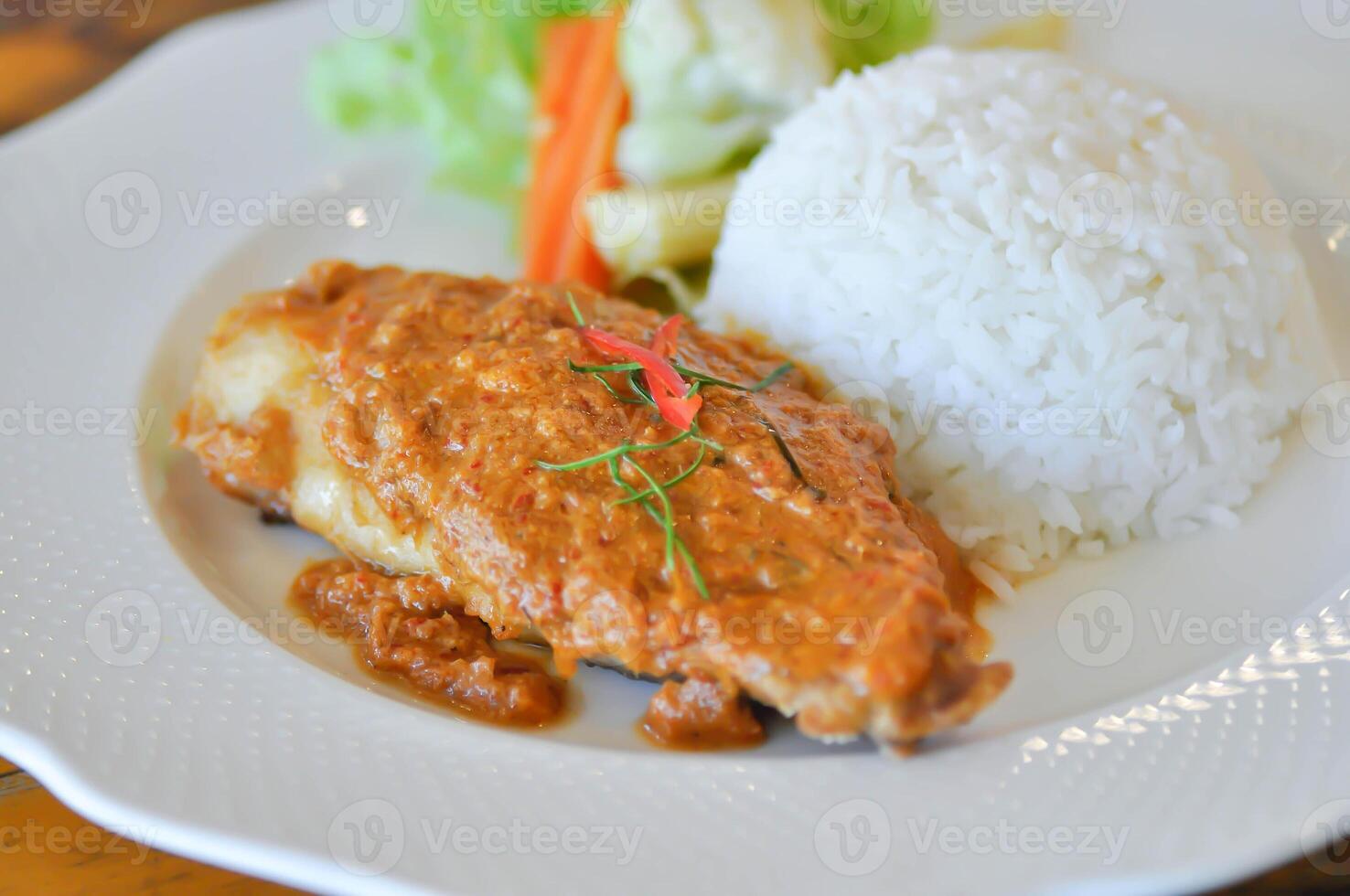 remover frito pescado con chile ,salsa y arroz o un Rey de curry cocido con frito pescado servido con un picante salsa foto