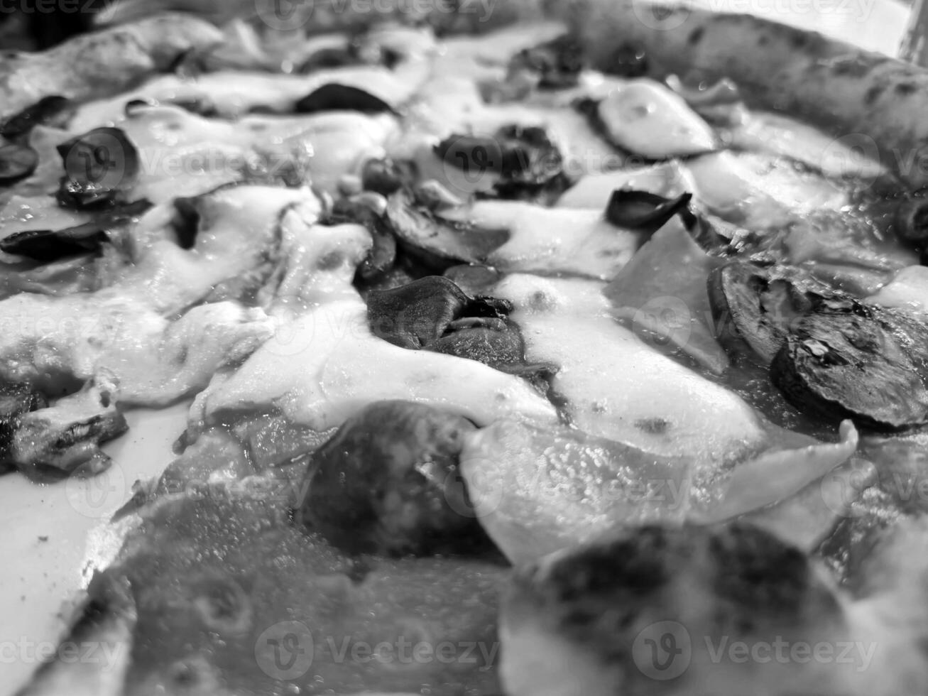 Tasty pizza close view background. Black and white pizza photo