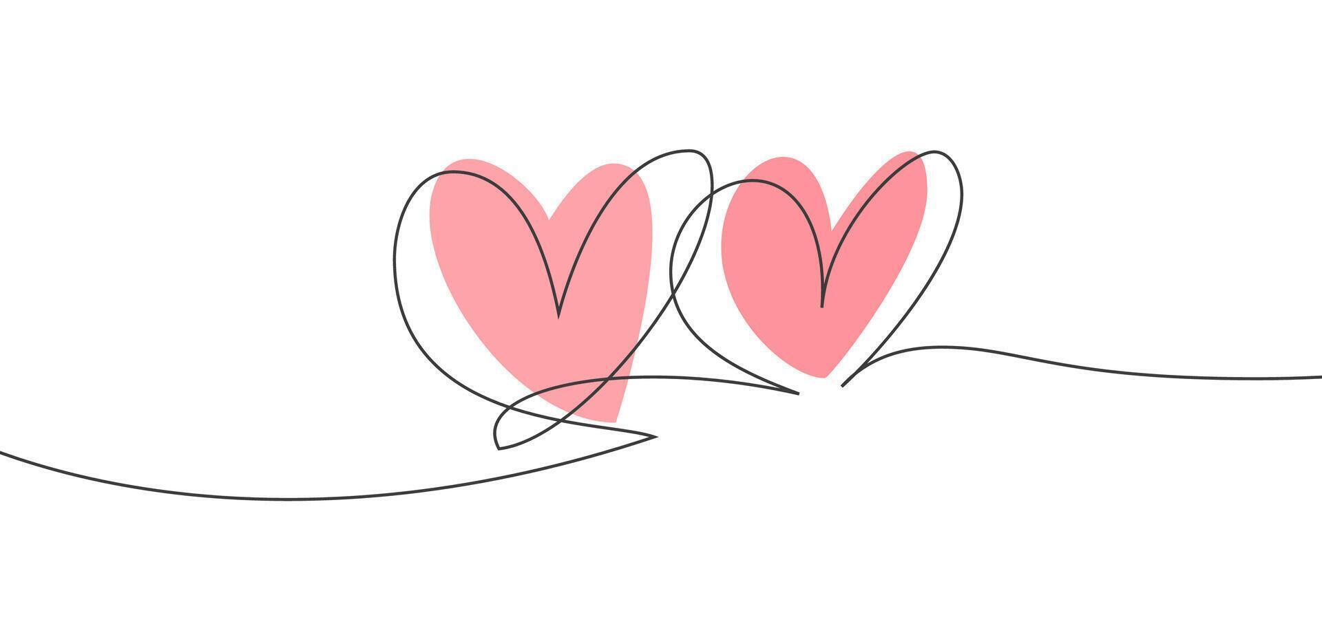 Two hearts. Continuous one line drawing. Black lines on a white background. vector