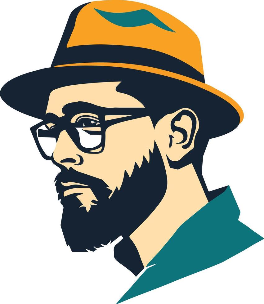 Face of a man with a beard, glasses and hat vector