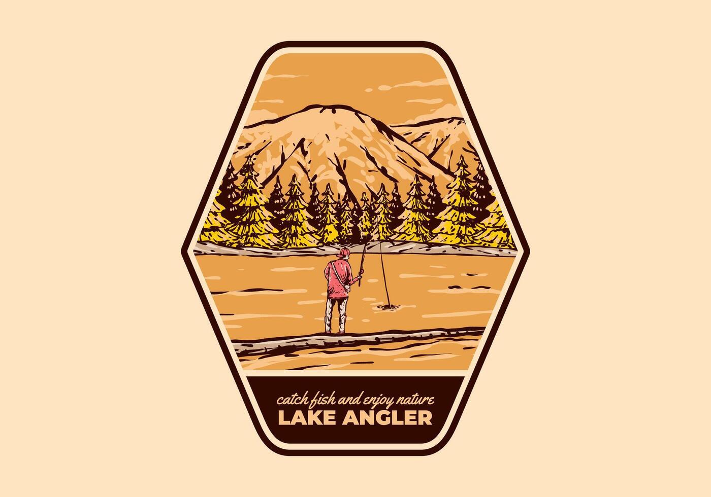 Clásico ilustración de un hombre pescar en el lago con bosque y montaña ver vector