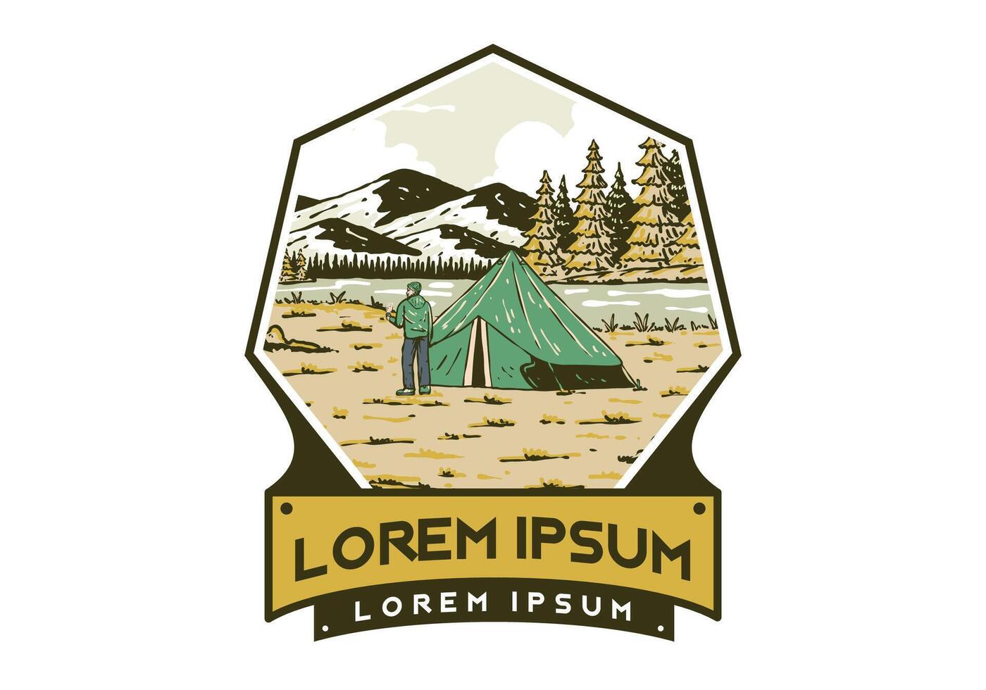 River side camping. Vintage outdoor illustration badge vector