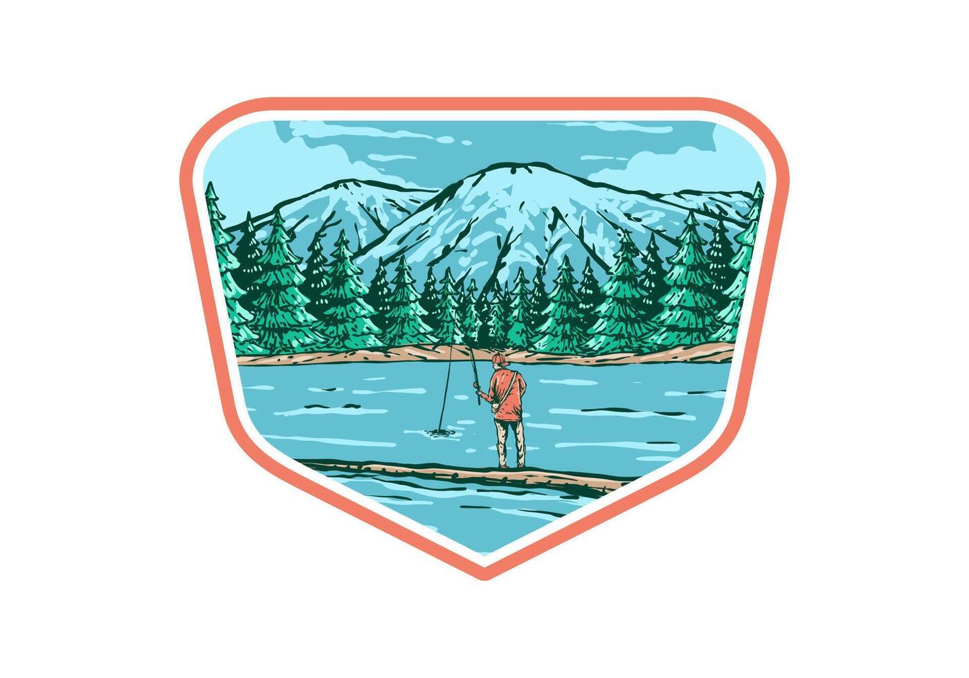 Vintage illustration of a man fishing on the lake with forest and mountain view vector