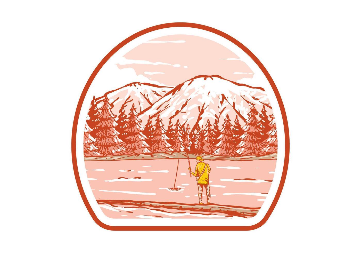 Vintage illustration of a man fishing on the lake with forest and mountain view vector
