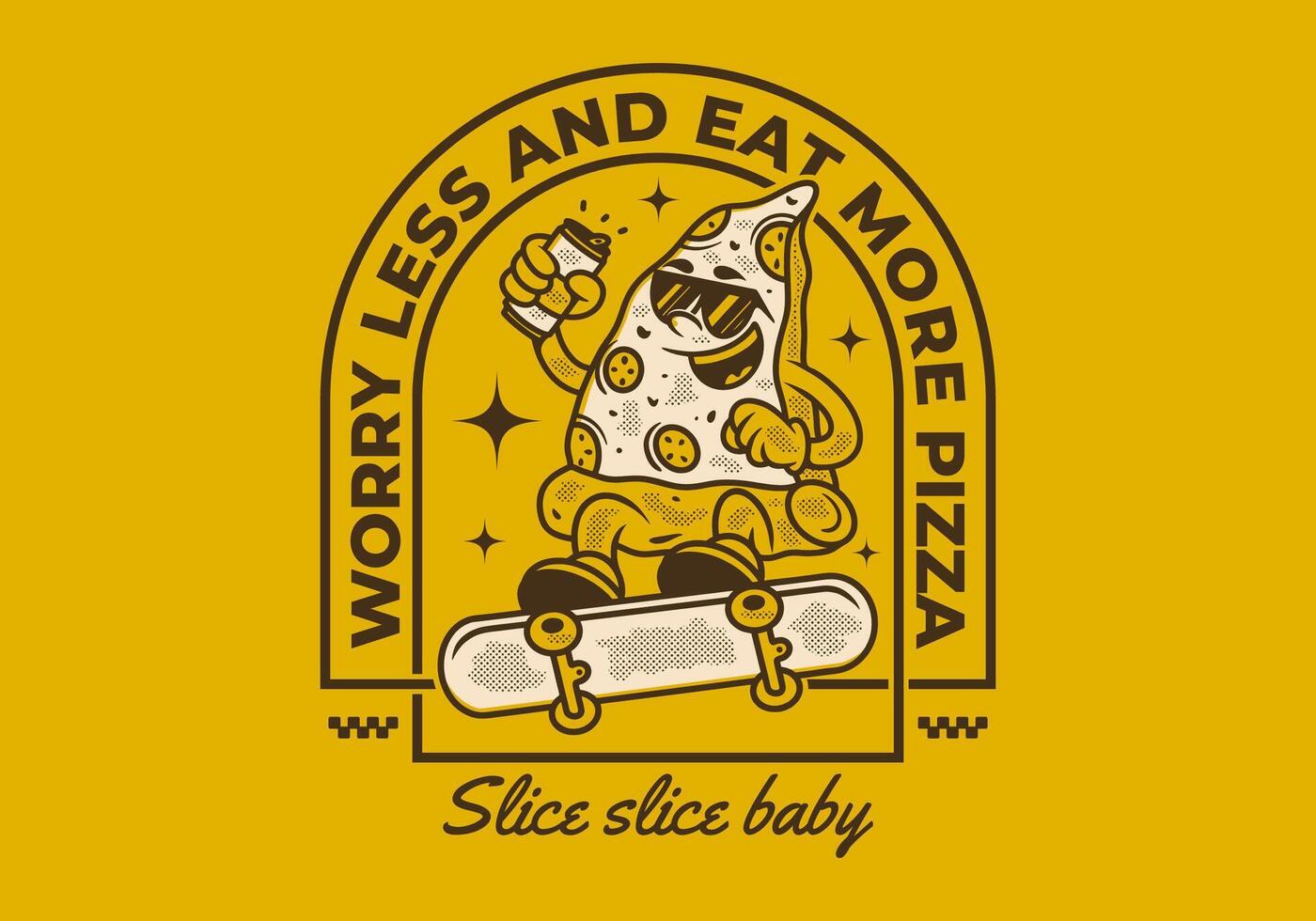 preocupación Menos y comer más Pizza. retro ilustración de Pizza personaje saltando en patineta vector