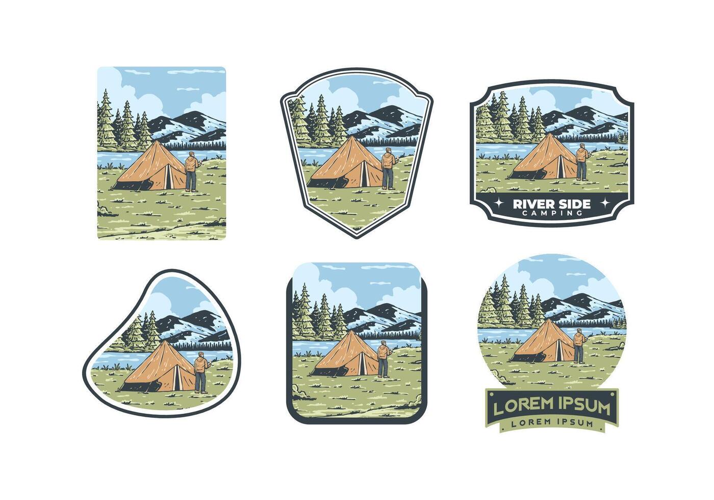 River side camping. Vintage outdoor illustration badge vector