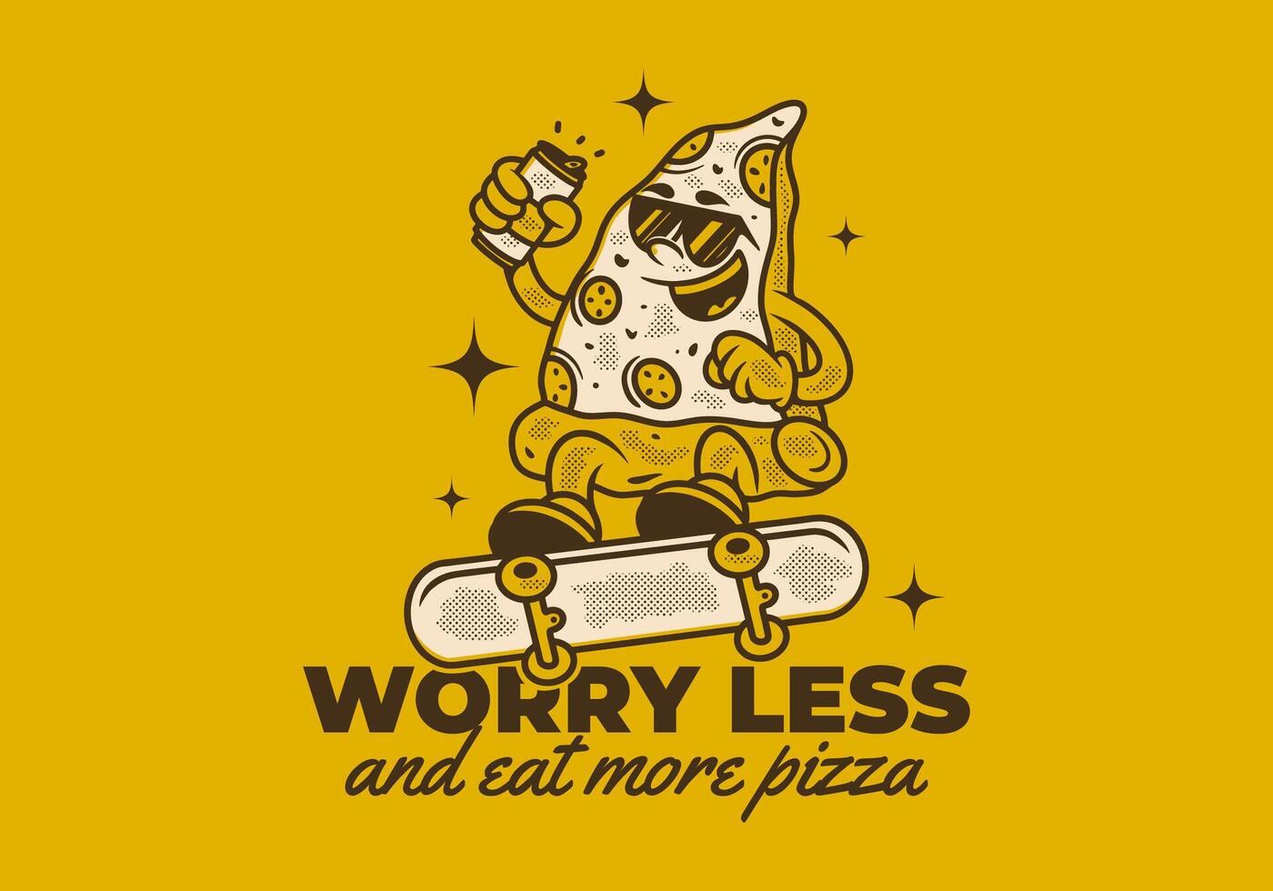 Worry less and eat more pizza. Retro illustration of pizza character jumping on skateboard vector