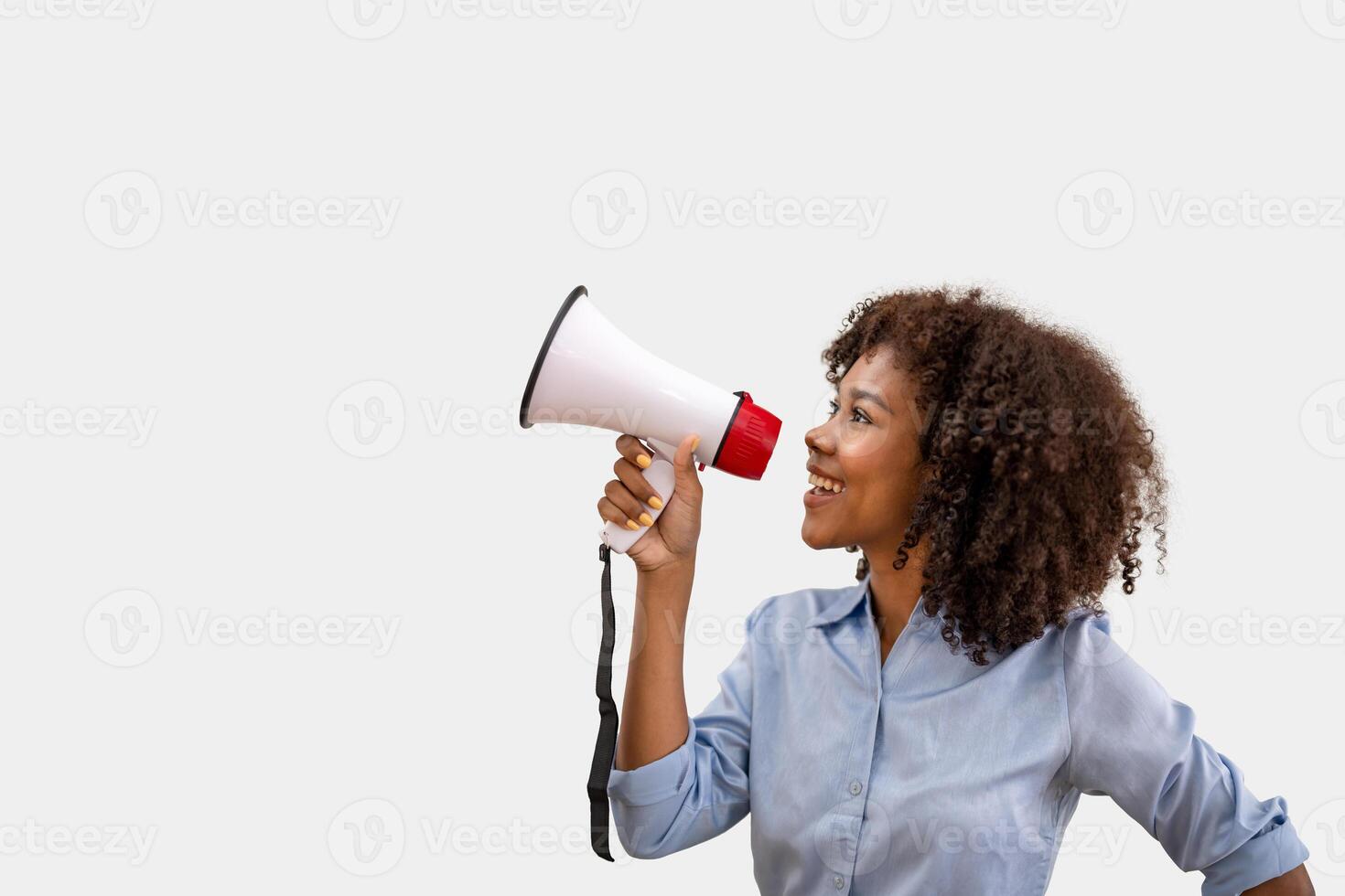 Black woman holding a megaphone. makes a powerful change. Spread the news by announcing photo