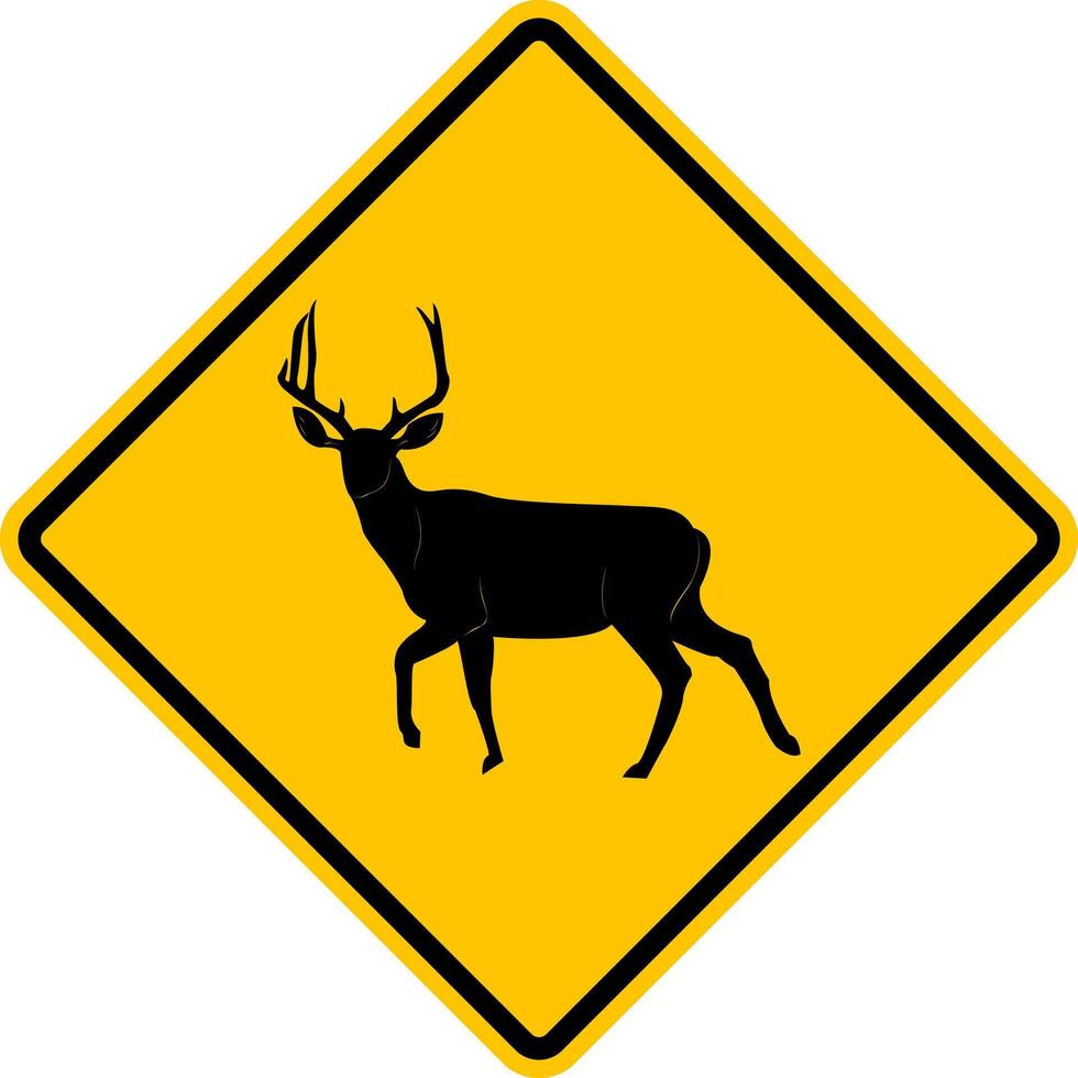 Sign deer, elk. Beware deer, elk crossing the road. Yellow diamond shaped warning road sign. Diamond road sign. Rhombus road sign. vector