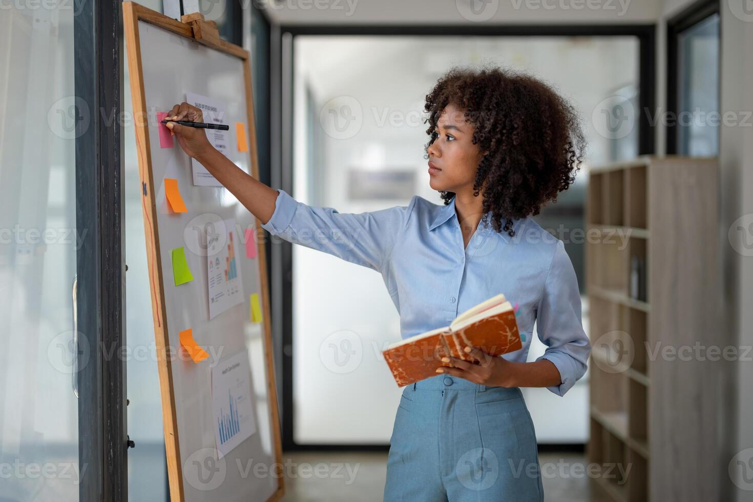 business woman plan to take notes, working out a strategy, Business project planning photo