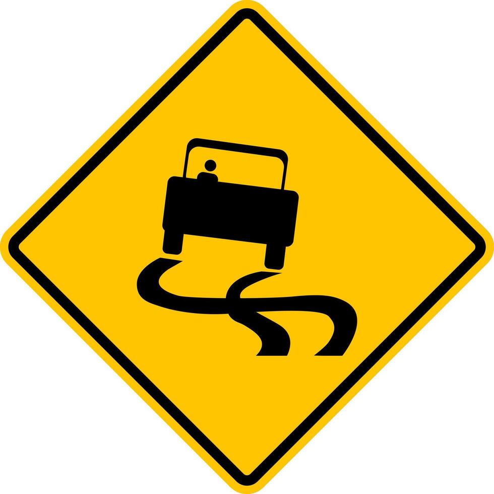 Slippery road sign. Yellow diamond shaped warning road sign. Diamond road sign. Rhombus road sign. Slippery road, street, highway. vector