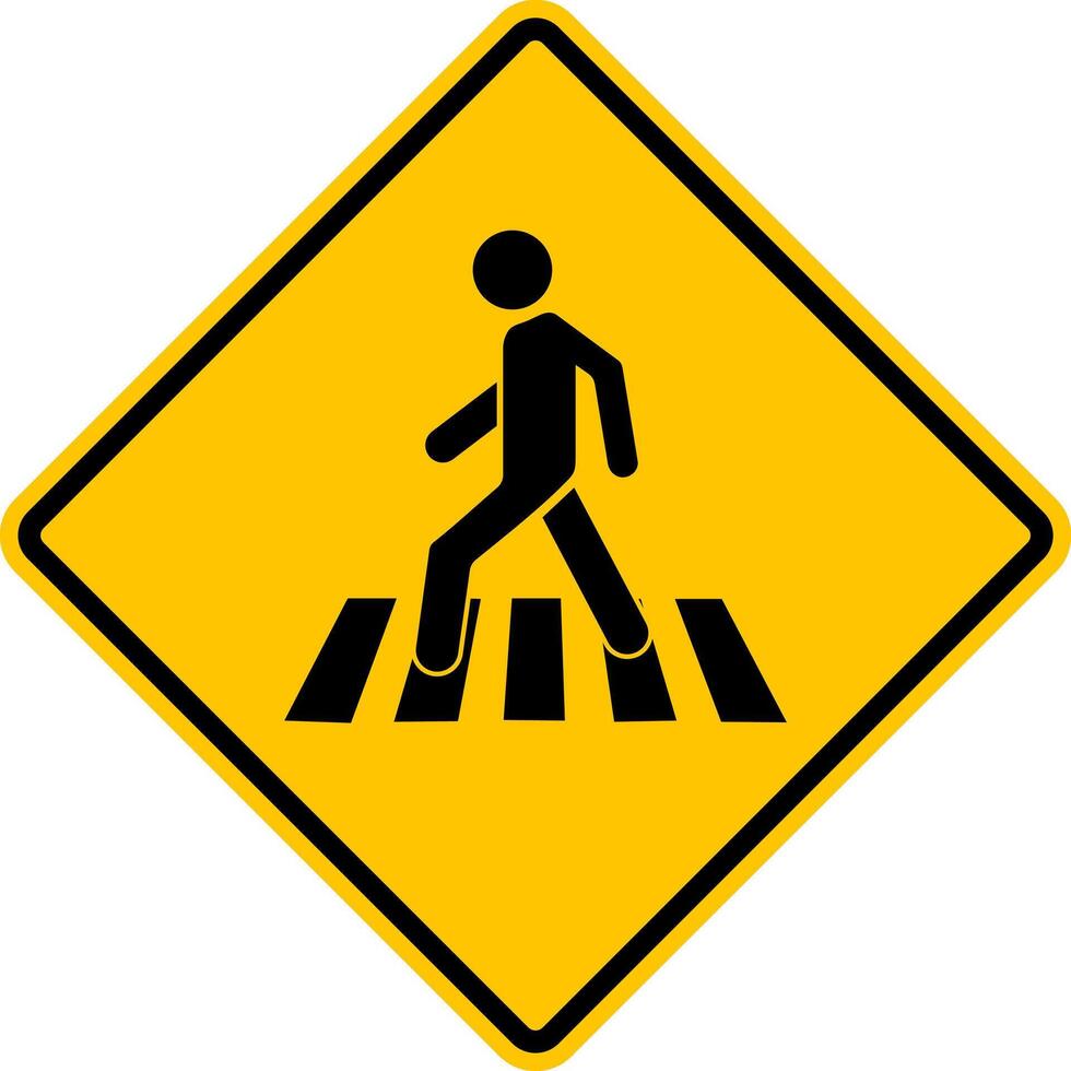 Pedestrian crossing sign. Yellow diamond shaped warning road sign. Diamond road sign. Rhombus road sign. A place to cross a road, street, highway. vector