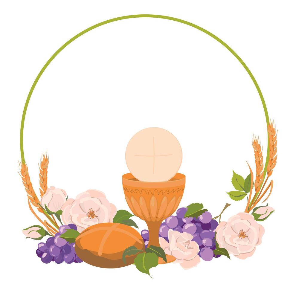 Round frame with first communion symbols. . Composition from a golden bowl for wine, bread, wine, grapes, white roses. Beautiful design elements for an invitation to the Holy Eucharist. vector