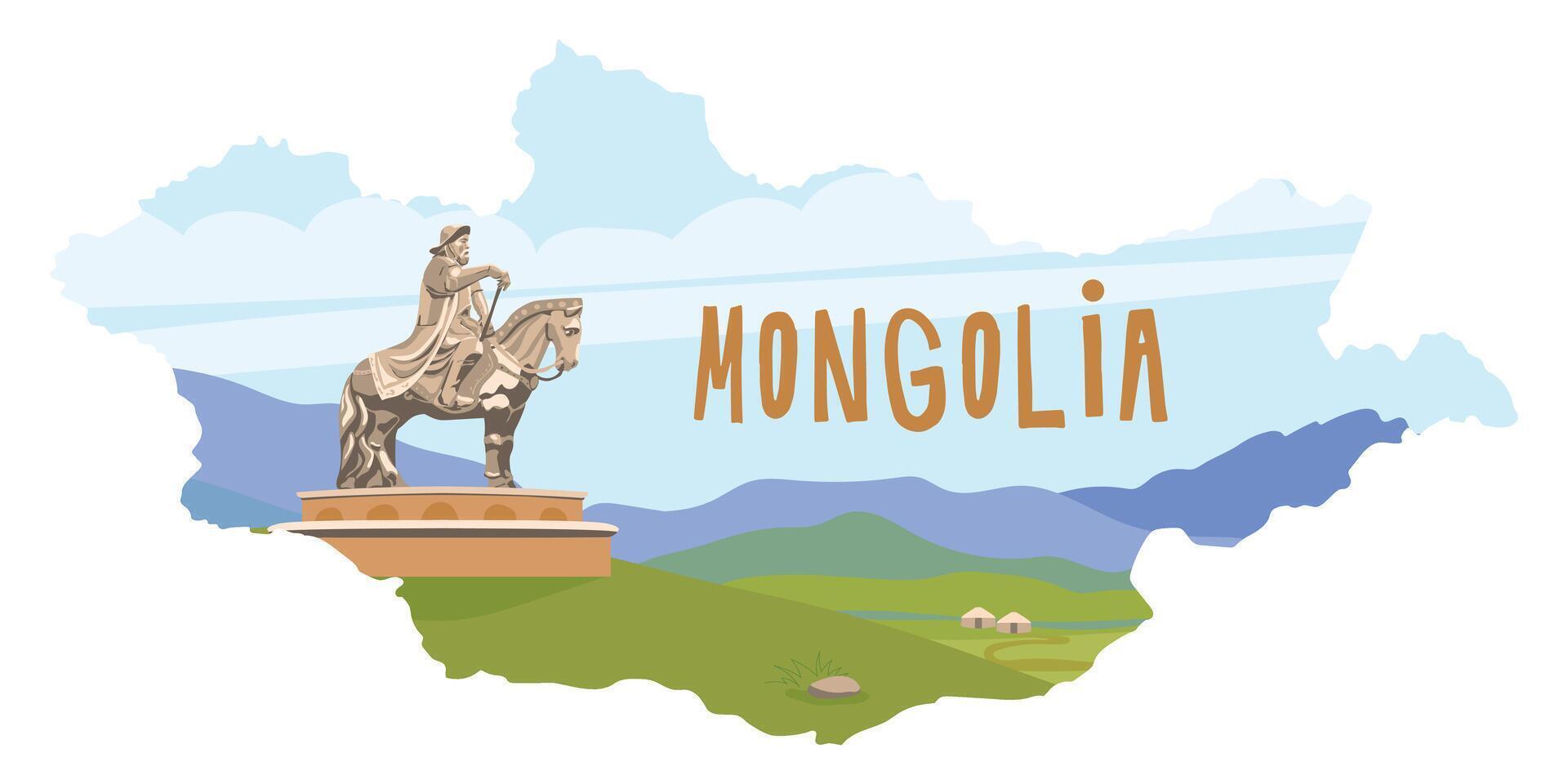 Monument to Genghis Khan in the Mongolian steppe near Ulaanbaatar. Horseman sculpture, . Founder of the Mongol Empire, leader of the nomads. Map of Mongolia. vector