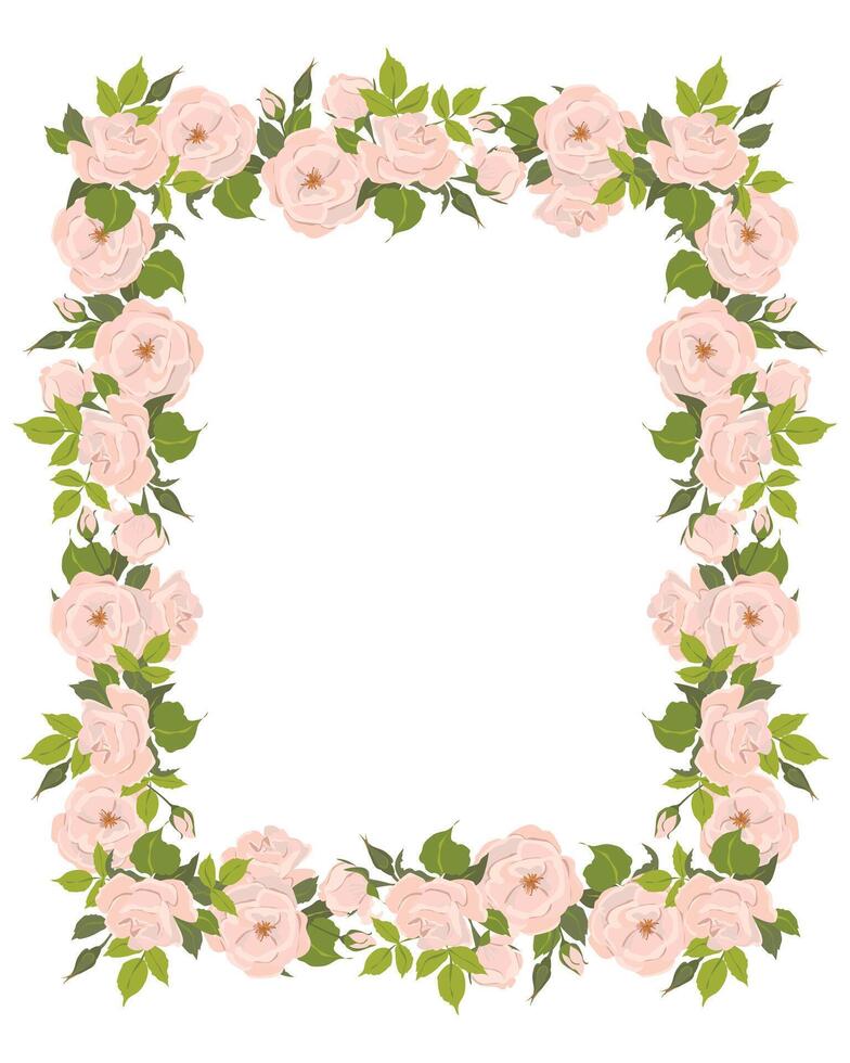 romántico floral vertical marco, elegante pastel rosado flores, brotes y verde hojas. un guirnalda de verano flores para un Boda invitación en provence estilo. plano ilustración. vector