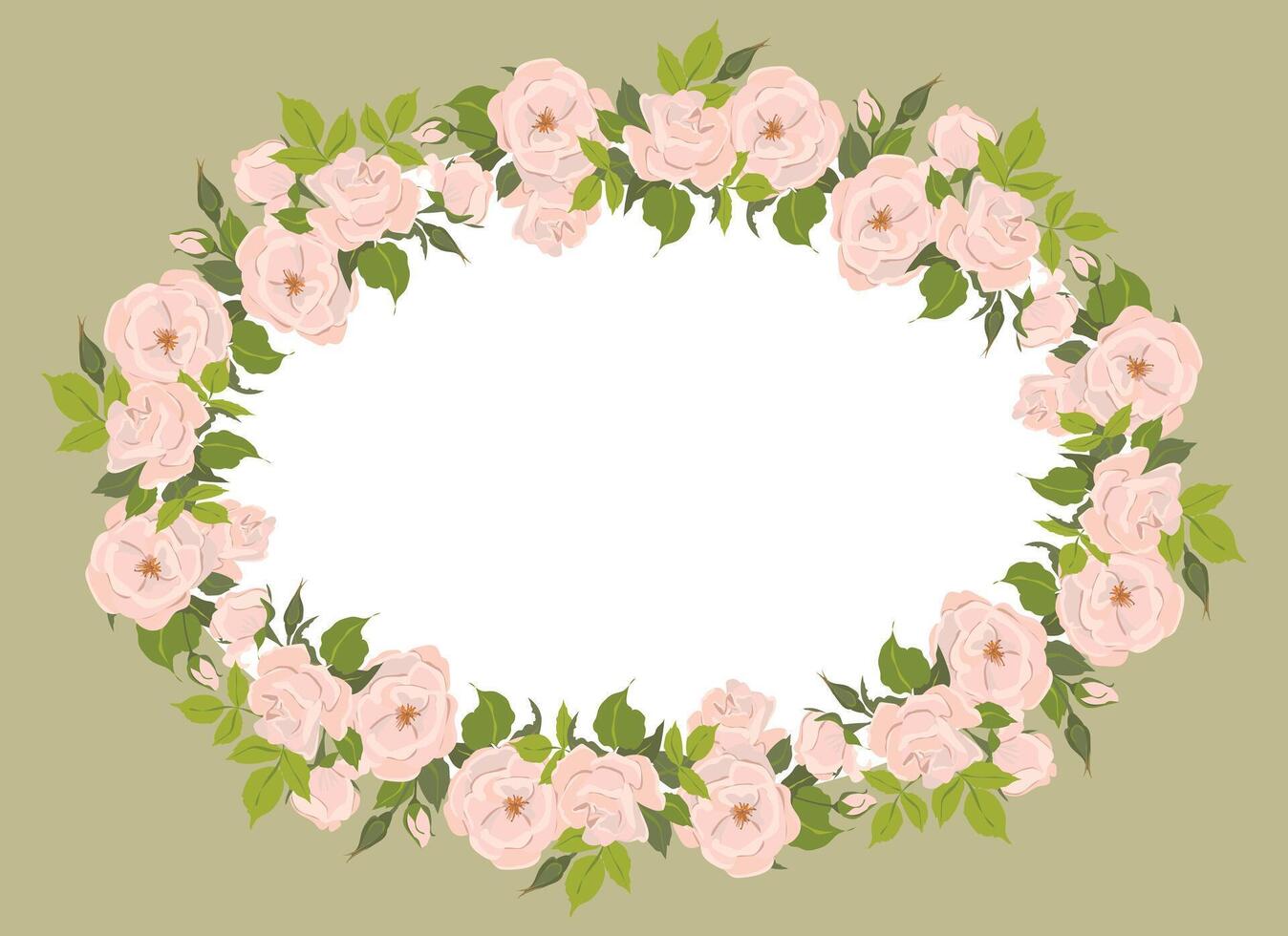 Romantic floral oval frame, elegant pastel pink flowers, buds and green leaves. A wreath of summer flowers for a wedding invitation in Provence style. flat illustration. vector