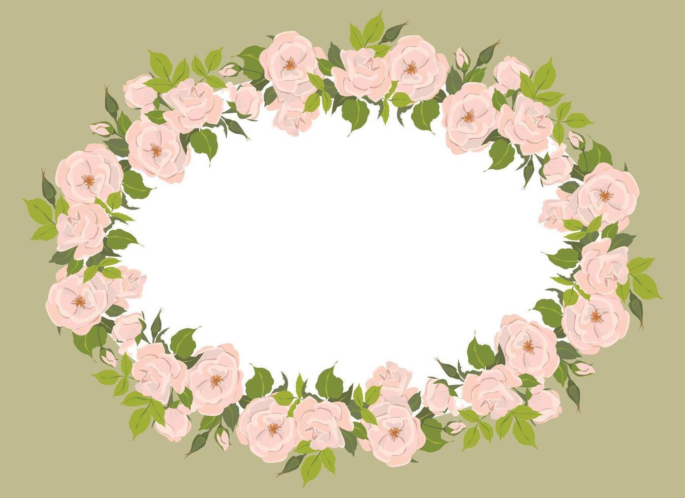 romántico floral oval marco, elegante pastel rosado flores, brotes y verde hojas. un guirnalda de verano flores para un Boda invitación en provence estilo. plano ilustración. vector