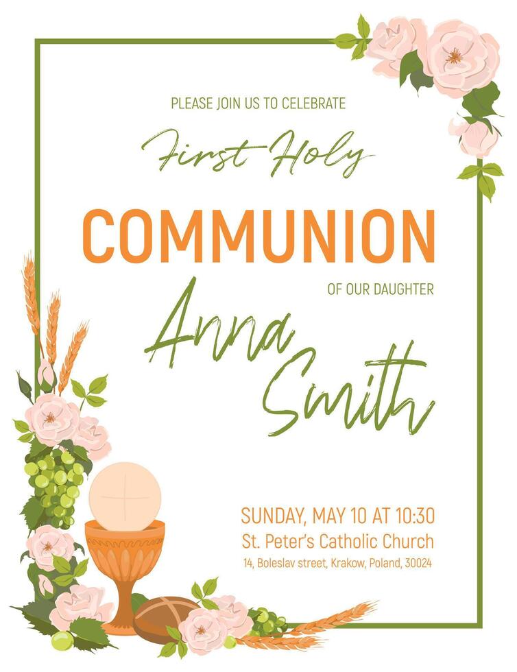 Square frame with first communion symbols. . Composition from a golden bowl for wine, bread, wine, grapes, white roses. Beautiful design elements for an invitation to the Holy Eucharist. vector