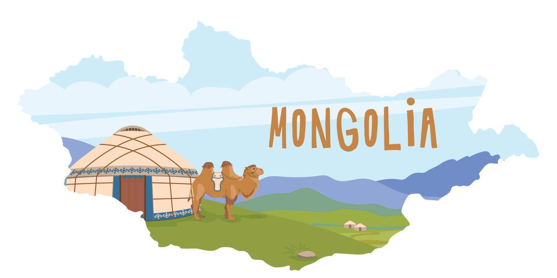 Mongolian landscape. A yurt against a backdrop of mountains, a domestic camel next to a traditional nomadic dwelling. Green pastures, illustration for travel poster. Flat style. Map of Mongolia vector