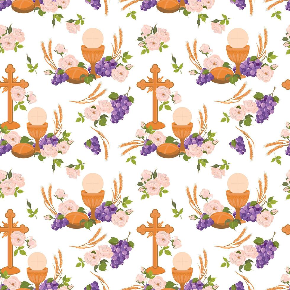 Seamless pattern with symbols of the Christian religion. holy communion elements - chalice, grapes, bread, ears of corn. . Design for fabric, wallpaper, textile. vector