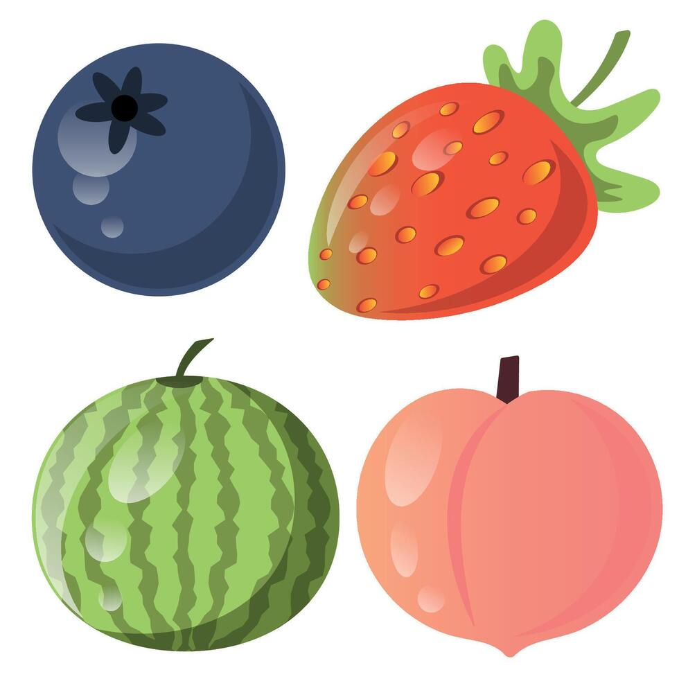 Summer fruit set Watermelon, strawberry, blueberry, peach on white background Flat style vector