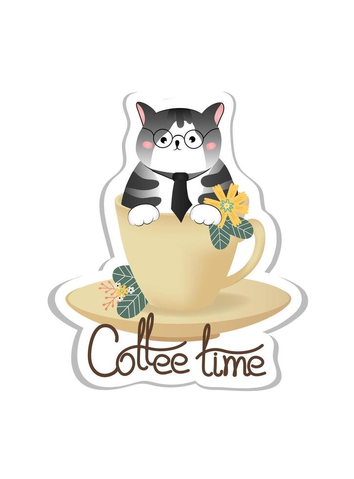 tarjeta, pegatina con gris inteligente gato, sentado en el taza. letras - café tiempo. vector