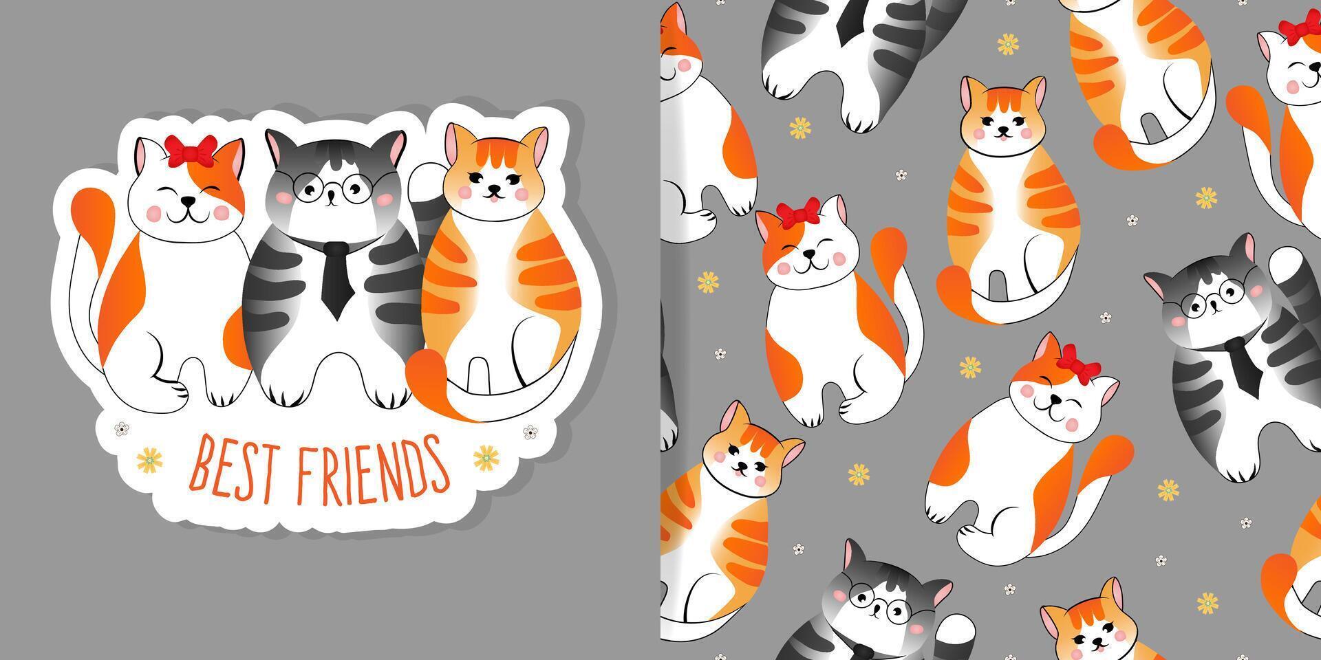 Set of card and seamless pattern with grey and red striped cats on grey background. Illustration for children, fabric. vector