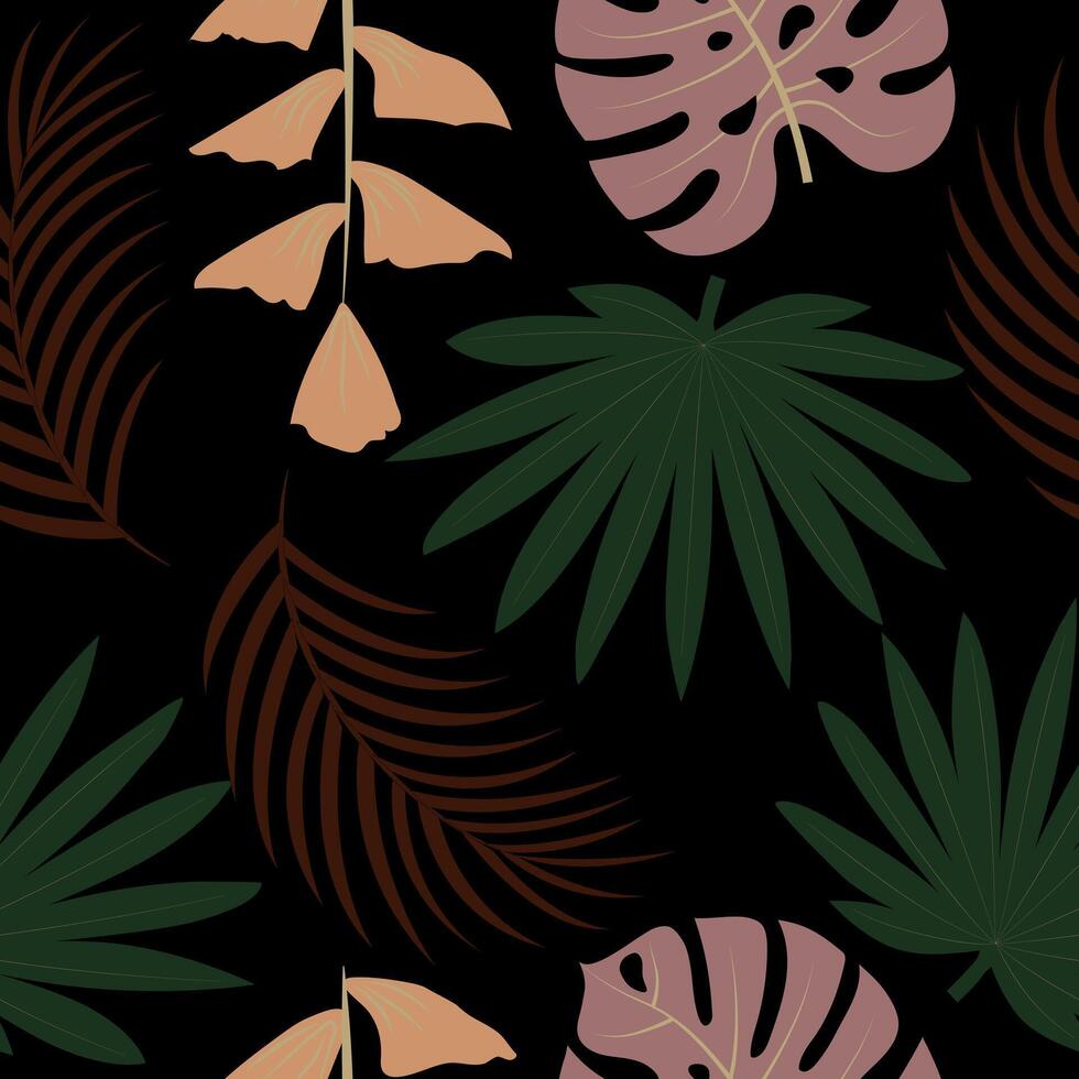 Seamless pattern with hand drawn tropical leaves on black background. vector