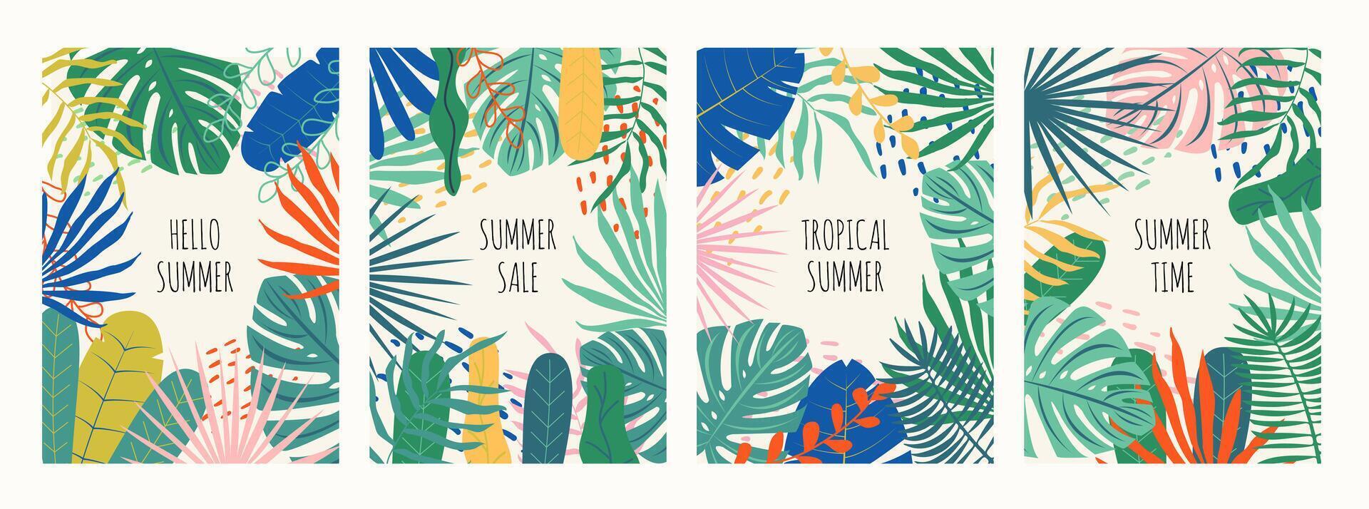 conjunto de vistoso verano antecedentes con tropical palma hojas. verano concepto diseño. botánico selva hojas y floral marco para verano rebaja pancartas, póster, tarjeta. moderno de moda mínimo diseño. vector